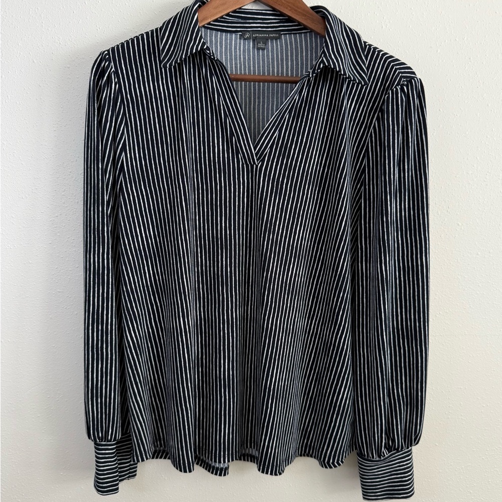 Adrianna Papell Black White Striped Puff Sleeve Blouse Large